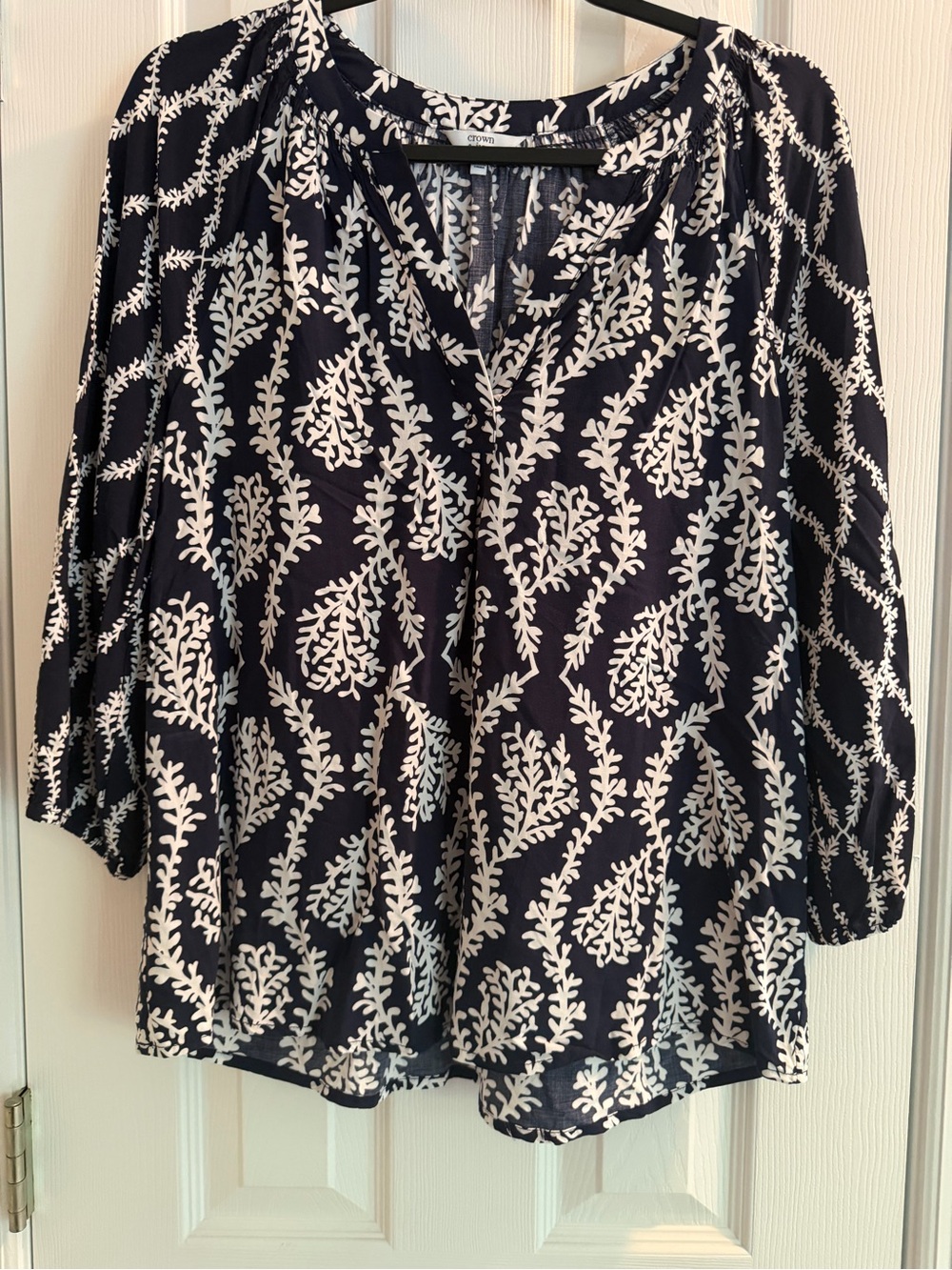 Crown Navy and White Printed Peasant Top